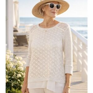 Lucky Brand Ivory Crochet Lace Sweater Top Coastal Grandmother Boho Layered M